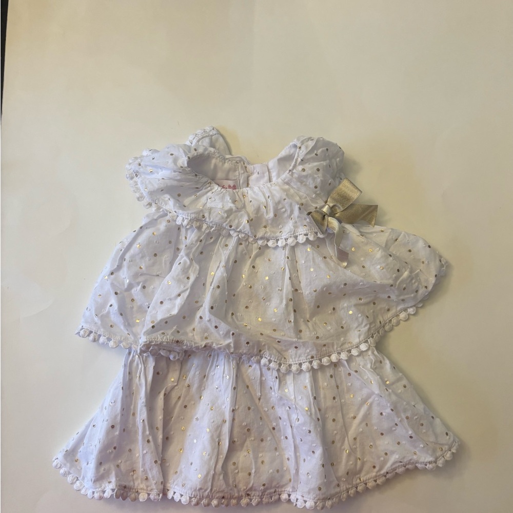 Bonnie Baby White Dress with Gold Polka Dots and Bow